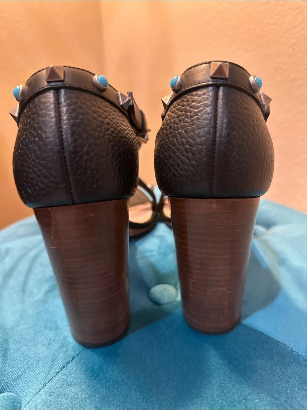 Valentino Black Rockstud Block Heel Sandals with Turquoise Cabochon Accents